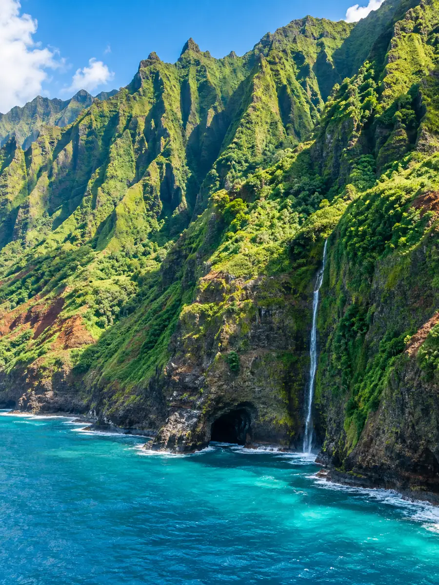 Grün gerippte Na Pali Klippen erheben sich über türkisfarbenem Meer, mit einem Wasserfall neben einer Meereshöhle