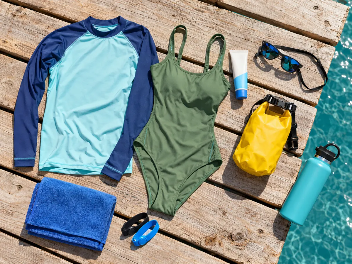 Rash Guard, Badeanzug, riffverträgliche Sonnencreme, Dry Bag, Handtuch und Reisekrankheitsbänder auf einem Holzsteg